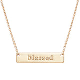 Matte Gold Tone "Blessed" Type Font Bar Pendant Necklace, 15"+3" Extender