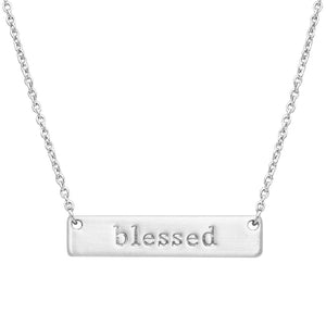 Matte Silver Tone "Blessed" Type Font Bar Pendant Necklace, 15"+3" Extender