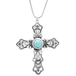 Statement Western Turquoise Christian Cross Necklace, 28"-31" with 3" Extension