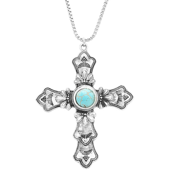 Statement Western Turquoise Christian Cross Necklace, 28