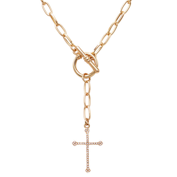 Stunning Gold Tone Oblong Links Chain With Crystal Cross Charm Toggle Clasp Collar Necklace, 18