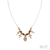 Gold Tone Cross Charm Necklace with Wooden Beads, 16 Inch Chain with 3 Inch Extender
