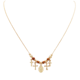 Gold Tone Cross Charm Necklace with Wooden Beads, 16 Inch Chain with 3 Inch Extender