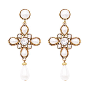 Stunning Vintage Style Gold Tone Metal Cross With Simulated Pearl And Crystal Hypoallergenic Post Dangle Earrings 3"