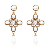 Stunning Vintage Style Gold Tone Metal Cross With Simulated Pearl And Crystal Hypoallergenic Post Dangle Earrings 3"