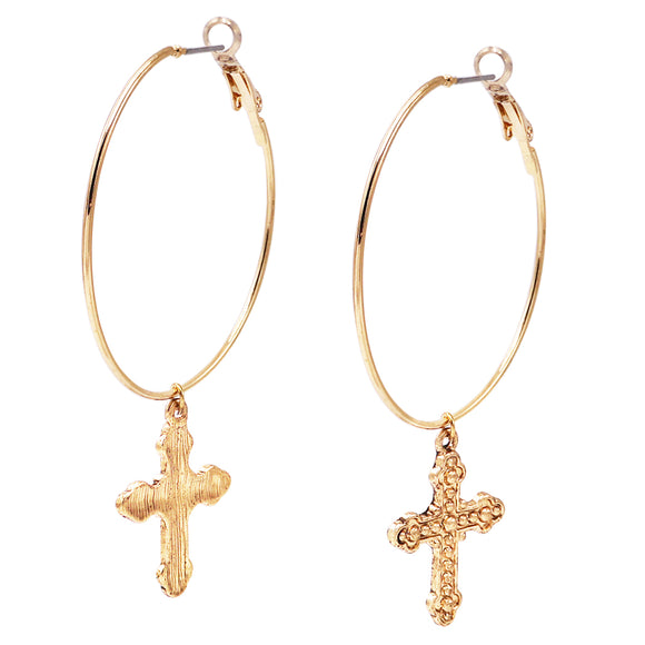 Polished Gold Tone Lever Back Hoop Earrings with Removable Textured Cross Charms, 3
