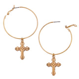 Polished Gold Tone Lever Back Hoop Earrings with Removable Textured Cross Charms, 3"