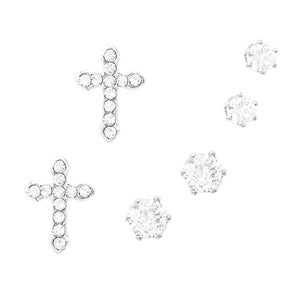 Set of 3 Cubic Zirconia Crystal Religious Cross Hypoallergenic Post Back Stud Earring Gift Set (See Color Options)