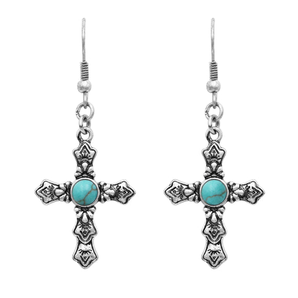 Western Style Turquoise Howlite Decorative Cross Religious Dangle Earrings, 1.75