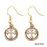 Dainty Christian Cross Burnished Metal Coin Disc Dangle Earrings, 1.25" (See Available Colors)