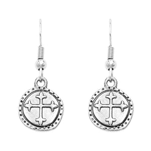 Dainty Christian Cross Burnished Metal Coin Disc Dangle Earrings, 1.25" (See Available Colors)
