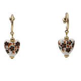 Floral Heart Dangle Earrings, Gold Tone Hoops with White Ceramic Hearts, Brown and Orange Flower Pattern 1.5 inch