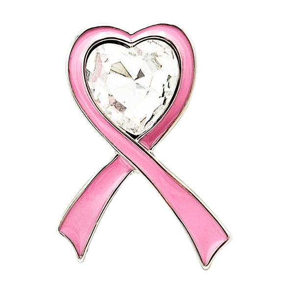 Inspritional Crystal Heart Pink Ribbon Breast Cancer Awareness Enamel Coated Lapel Pin Brooch, 1.10