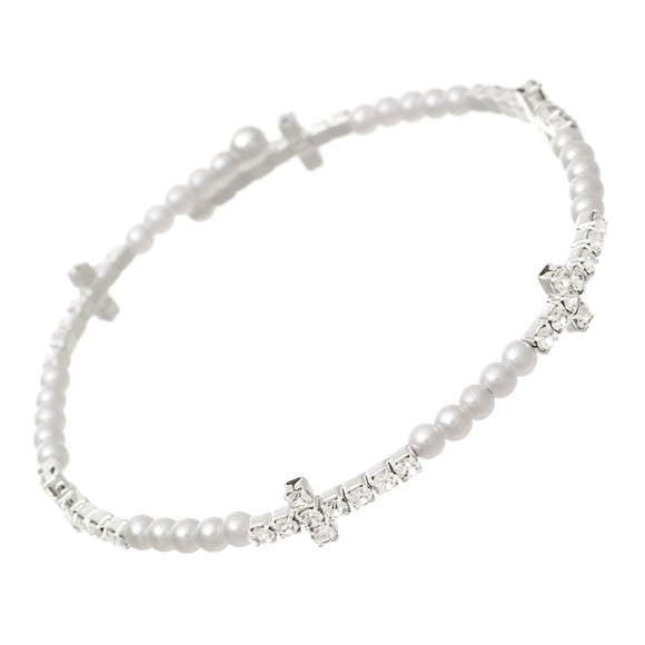 First Communion Simulated Pearl With Crystal Rhinestone Christian Cross Detail On Petite Flexible Wire Wrap Cuff Bracelet, 2.25
