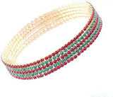 Set of 5 Sparkling Crystal Rhinestone Stacking Stretch Bracelets, 2.25" (Christmas Mix Red Green Gold Tone)