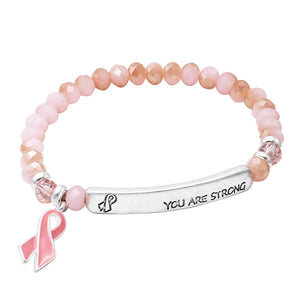 "You Are Strong" Pink Ribbon Breast Cancer Awareness Faceted Glass Bead Stretch Style Charm Bracelet, 6.5"