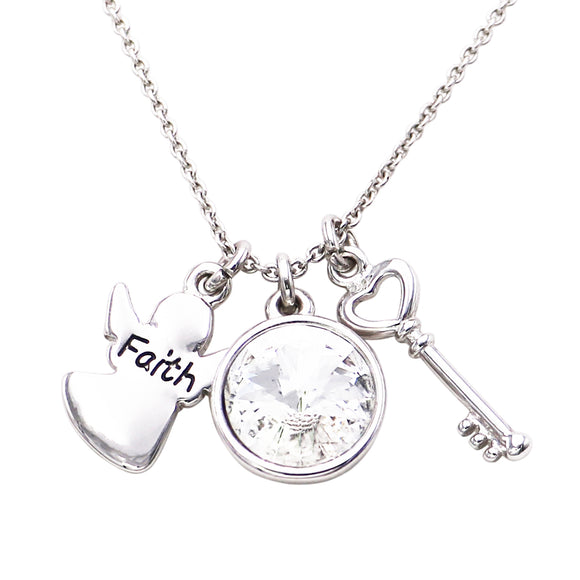 Faith Angel Key and Crystal Charm Inspirational Silver Tone Necklace, 18