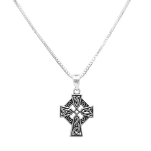 Sterling Silver Castledermot Celtic Cross Pendant Necklace (18" Box Chain)