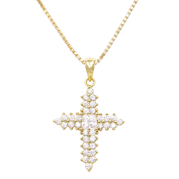 Made In Italy Dainty Gold Plated Sterling Silver Box Chain And Stunning Crystal Rhinestone Passion Christian Cross Necklace Pendant, 18