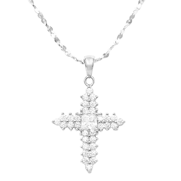 Made In Italy Dainty Sterling Silver Serpentine Chain And Stunning Crystal Rhinestone Passion Christian Cross Necklace Pendant, 18