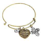 Godmother Heart Charm Bangle Bracelet with Religious Four Way Cross Medal
