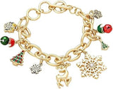 Stylish Christmas Themes With Enamel Holiday Charms On Silver Tone Toggle Clasp Link Bracelet, 7"-8.5" (Gold Tone Bells Trees Snowflakes Reindeer)