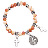 Religious Beaded Stretch Bracelet with Saint Benedict Bracelet Medal and Cross Charms (See Available Colors)