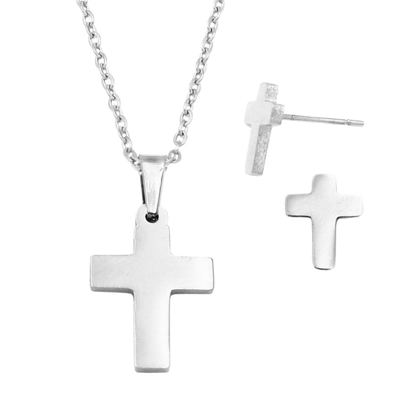 Stainless Steel Religious Christian Cross Charm Necklace And Earrings Gift Set (Silver Tone)