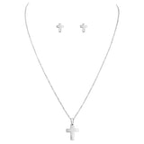 Stainless Steel Religious Christian Cross Charm Necklace And Earrings Gift Set (Silver Tone)
