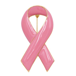 Statement Pink Ribbon Breast Cancer Awareness Enamel Lapel Pin Brooch, 2.25" (Gold Tone)