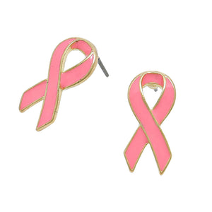 Breast Cancer Awareness Beautiful Pink Ribbon Enamel Stud Earrings .75" (Enamel Pink Ribbon Gold Tone)