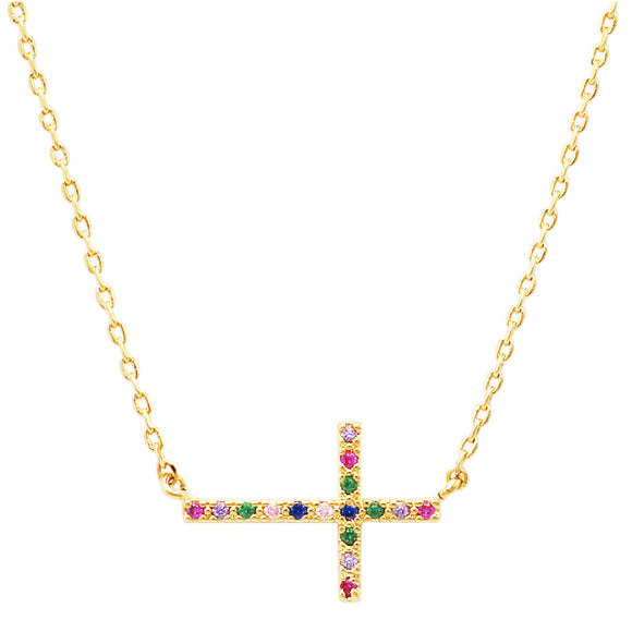 Gold Dipped Sideways Cross With Sparkling Cubic Zirconia Crystal Religious Pendant Necklace 15.5