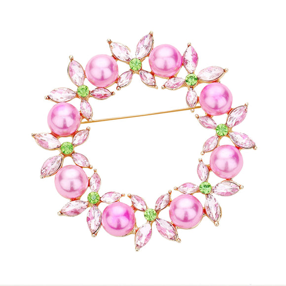 Lovely Floral Crystal And Simulated Pearl Wreath Brooch, 2.5