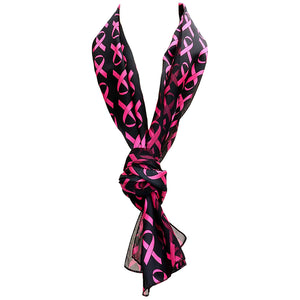 Satin Stripe Lightweight Pink Ribbon Breast Cancer Awareness Fashion Scarf, 60" (Black Background Hot Pink Ribbon)