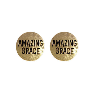 Gold Tone Hammered Disc Amazing Grace Engraved Religious Hypoallergenic Post Back Stud Earrings, 0.50"