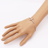 Dainty Polished Metal Wire Sideways Cross Open Cuff Bangle Bracelet, 2.75" (Silver Tone)