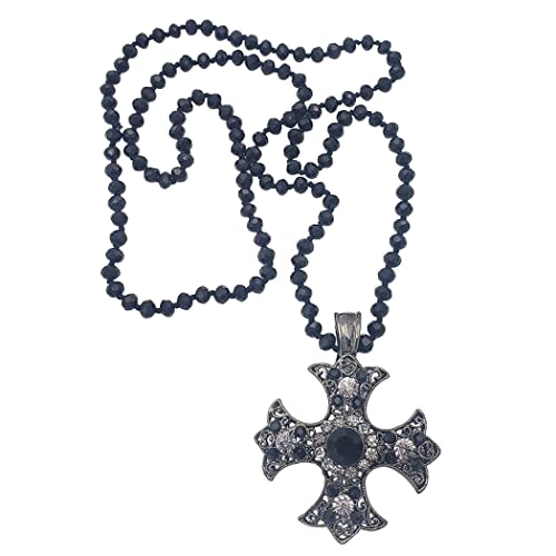 Rosemarie's Religious Gifts Women's Stunning Vintage Vibes Hematite Tone Crystal Rhinestone Christian Cross Magnetic Pendant On Knotted 6mm Faceted Black Crystal Bead Strand Necklace, 34