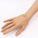 Dainty Polished Metal Wire Sideways Cross Open Cuff Bangle Bracelet, 2.75" (Gold Tone)