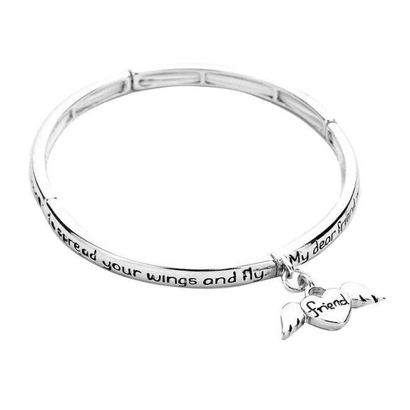 Friend's Blessing Heart Charm with Angel Wings Silver Tone Bangle Bracelet Engraved