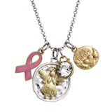 Breast Cancer Awareness Pink Ribbon "Praying Angel" Charms Two Tone Pendant Necklace, 16"+3" Extender