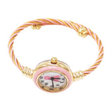 Breast Cancer Awareness Pink Ribbon on Mother of Pearl Coil Rope Twist Cuff Bracelet Watch (Gold/Pink)