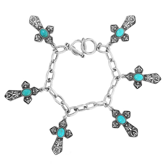 Rosemarie's Religious Gifts Women's Stunning Western Turquoise Howlite Cross Charms Toggle Clasp Bracelet, 7