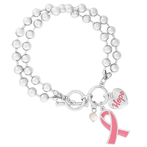 Pink Ribbon Charm Breast Cancer Awareness Bead Ball Double Chain Toggle Clasp Bracelet, 6.5