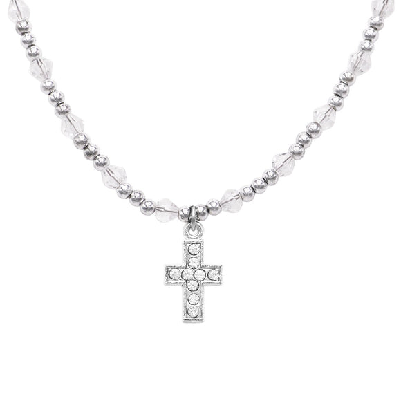 Girl's First Communion Crystal Bead Cross Pendant Necklace, 17