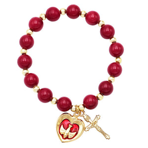 Religious Confirmation Beaded Stretch Bracelet with Holy Spirit Heart Charm and Cross