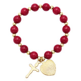 Religious Confirmation Beaded Stretch Bracelet with Holy Spirit Heart Charm and Cross