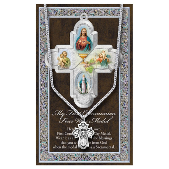 Religious First Communion Four Way Cross Pendant Necklace with Prayer Card, 18