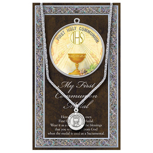 Religious Gift Round First Holy Communion Medal Pendant Necklace with Prayer Card, 18"