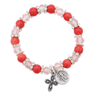 Women's Religious Guardian Angel Coral and Crystal Bead Stretch Bracelet