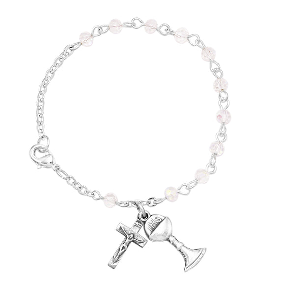 Gifts Girl's First Communion Iridescent Bead Rosary Bracelet with Chalice and Cross Charms, 6.25